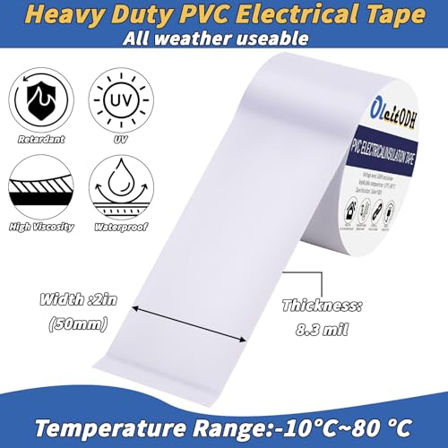 Image of Oleitodh 6 Pack White Electrical Tape 2 in x 66 ft Waterproof Vinyl Electrical Insulating Tape High Temperature Resistance Electric Tape Under 600V Home Outdoor Multipurpose