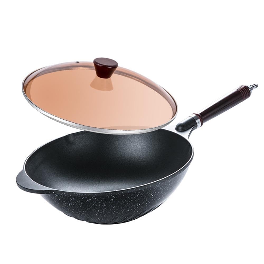 Padella Wok Antiaderente con Coperchio, Padella Wok Antiaderente in Lega di Alluminio da 13,4 Pollici, Padella Piatta con Rivestimento in Granito con Manico ergonomico e Perline,