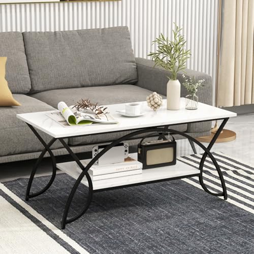 GOPLUS Table Basse Marbre Faux, Table Basse Salon Réglable en Métal et avec Rangement, Chambre, Bureau, Charge 70 KG, 100x50x45CM (Blanche+Noir)