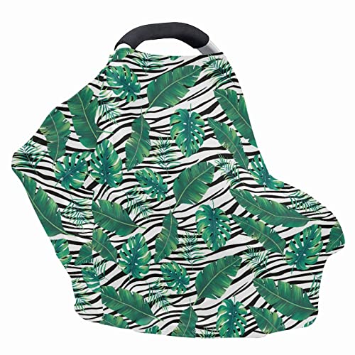 Image of Coldinair Zebra Palm Leaves Print Car Seat Cover for Babies Boys Girls,Soft Stretchy Nursing Cover,Breathable Infant Carseat Canopy,Shopping Cart /High Chair /Stroller Covers