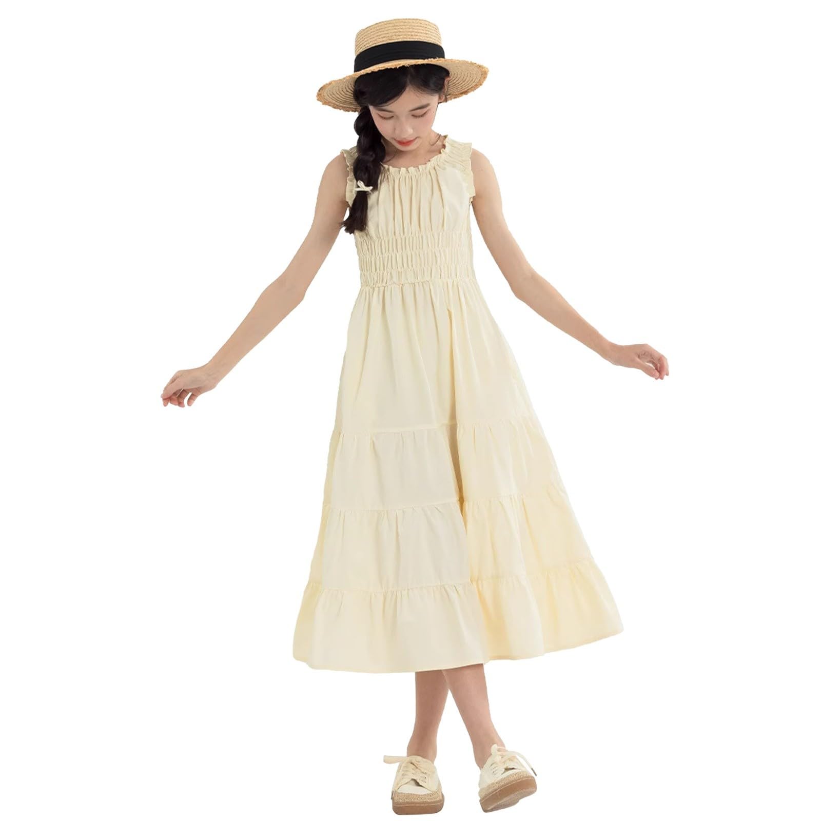 Vestito da ragazza estivo casual boho spiaggia midi fluente prendisole bambini senza maniche smock vacanza A Line abito adolescenti abiti morbidi comfort