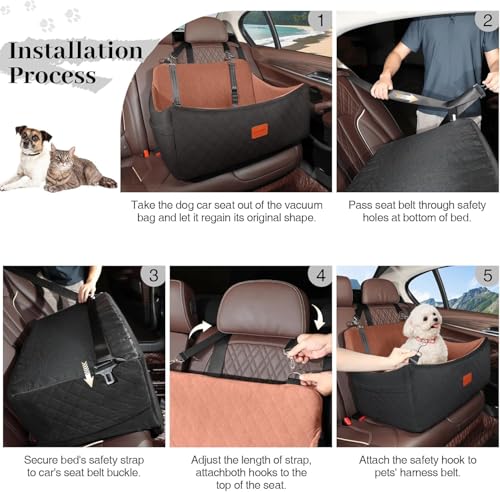 Wooaidagg Dog Car Seat for Medium Sized Dog Up to 55lbs,Super Soft Fabic Pet Car Seat Filling in Memory Foam, Car Dog Bed with Safety Belt Loops,Fully Detachable and Washable (Black/Brown,Large)