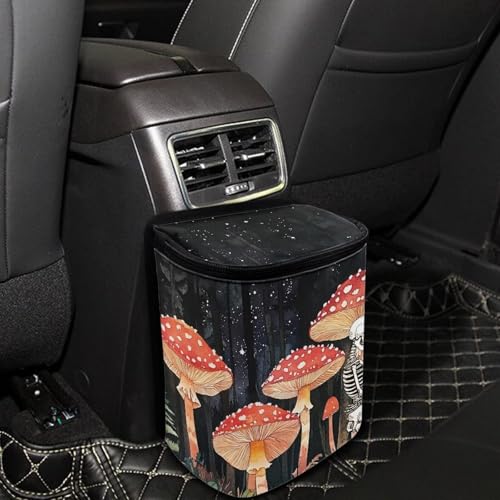 Image of Talayituse Skull Mushroom Print Car Trash Bin, Large Size Auto Trash Can Adjustable Portable Garbage Can with Lid, Vehicle Hanging Bag for Headrest Front Back Seat