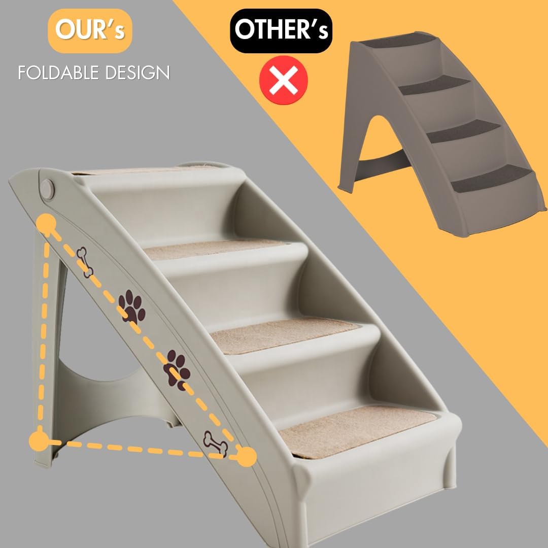 Folding Dog Stair for High Beds, 4 Steps Plastic Dog & Cat Steps with Non-Slip Felt Pad, Safe Side Rail, Indoor Outdoor Pet Stairs Ramp for Small & Medium Pets, Support up to 150 lb (Gray)
