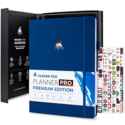 Clever Fox Planner Pro Premium Edition â€“ Luxurious Weekly & Monthly Planner + Budget Planner Organizer for Productivity & Reaching Goals, Undated, A4 Hardcover + Keepsake Box, Lasts 1 Year, Navy Blue