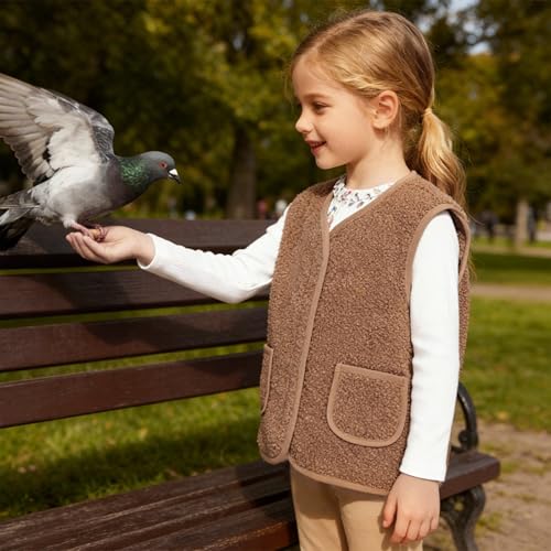 Youkly Teddy Fleece Weste Kinder, Ärmellos Fleecejacke Jungen Mädchen, V-Ausschnitt Teddyfleece Jacke, Warm Winterjacke Plüschweste Fleeceweste Kinder (DE/NL/SE/PL, Numerisch, 100, Regular, Braun)