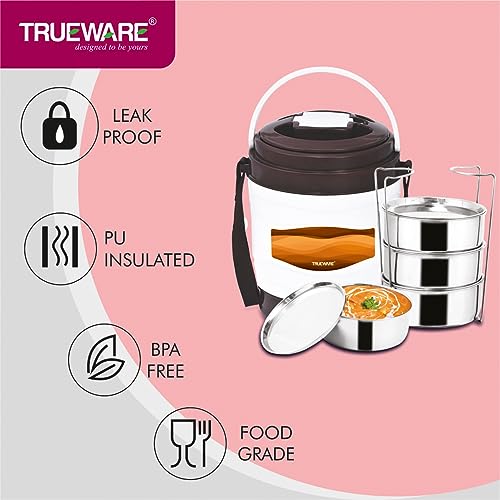 Image of Trueware Marina 4 Lunch Box with 4 Steel Container, 300 ml X 4 Brown | PU Insulated | Tiffin | Hot Lunch Box | Leak Proof | Easy to Carry | Food Grade | BPA Free | Office | Outdoors | for Men Women