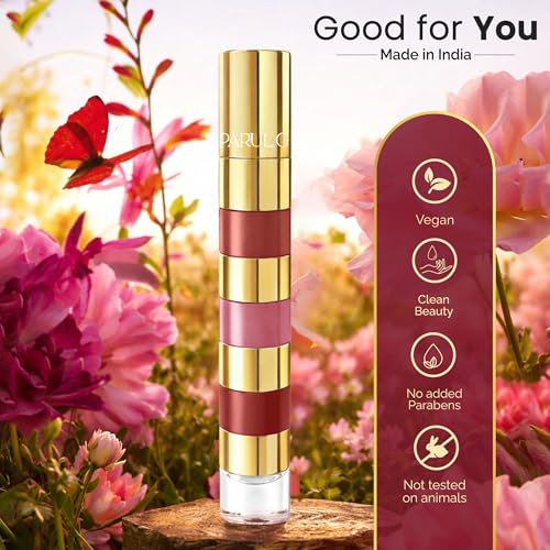 Image of Parul Garg Beauty Fresh Bloom 4-in-1 Nude Shades Liquid Lipstick Stack with Gloss | Matte, Transfer-Proof, Lightweight | Travel Friendly Stackable Lipsticks for Women | Made for Indian Skin Tones