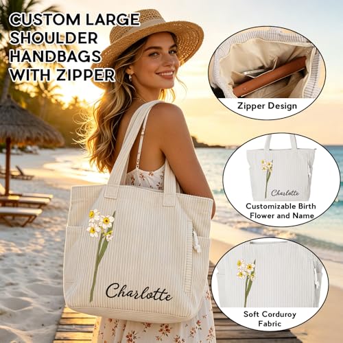 Bolso Tote de pana con flor de nacimiento personalizado para mujer miniatura 3