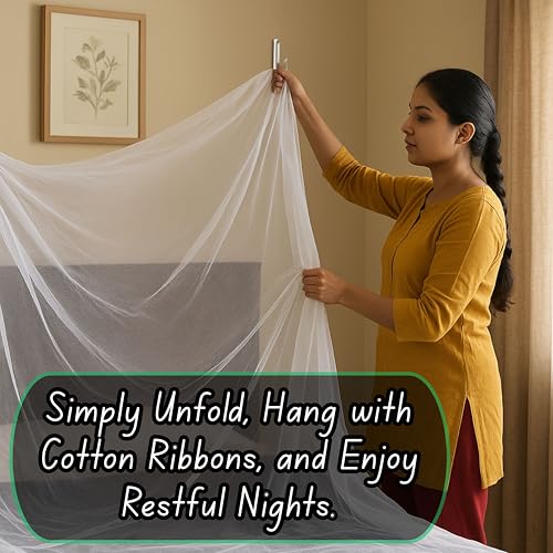 Image of Mosquito Net for King Size Bed & Double Bed (6x7 ft), Stylish Horizontal Banded Stripe Design, Wall /Hook Hanging Foldable Machhardani Ideal for Home, Travel & All-Season Use (Pearl White)
