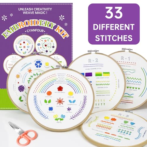 Image of CYANFOUR 5 Stage Starter Embroidery Kit for Beginners Adults and Teens, Easy to Learn 33 Different Stitches from Video & Instruction, Needlepoint Kits for Adults with Stamped Embroidery Patterns.