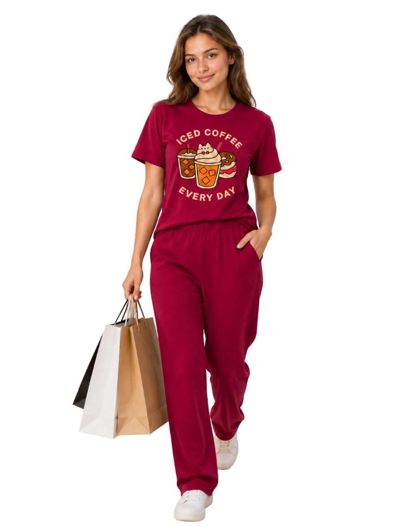 Women's Pure Cotton Graphic Printed Top with Pyjama Co-Ord Set | Iced Coffee Every Day Print Night Suit for Women | Regular Fit Half Sleeve Round Neck Sleepwear Loungewear Set-image-33