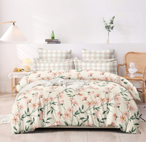 Image of Cotton King Size Elastic Fitted Double Bedsheet (72x78x6 in) with 2 Pillow Covers (Cream Flower)