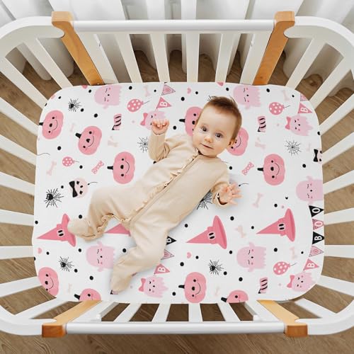 Image of Pfrewn Cute Halloween Crib Sheets for Girls Cute Pink Ghosts Pumpkin Fitted Crib Sheet for Mini Crib Mattress Stretch Soft Toddler Baby Playard Sheet, 39x27x5IN