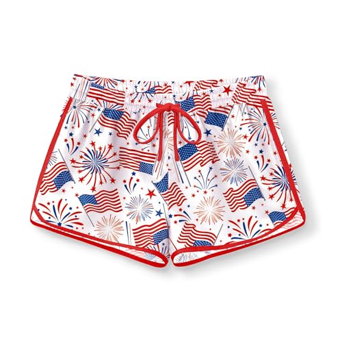 Image of BesserBay Girls 4th of July Elastic Waist Beach Swim Shorts American Flag Trunks with Pockets 5-14 Years
