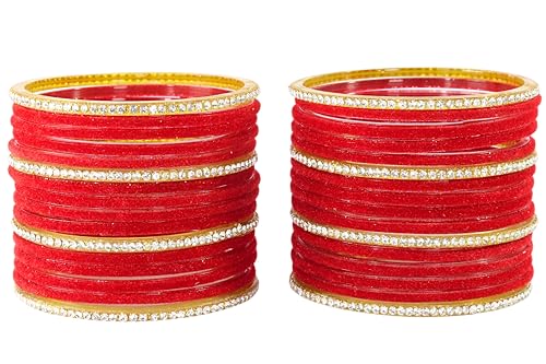 Image of NMII Fancy Glass Golden Zircon Diamond Stone & Velvet Finish Plain Bangles Set For Women & Girls | Glass Velvet Bangles | Kanch ki Chudiyan | Girl's Bangles Bracelet | Fashion Jewellery- Set of 32