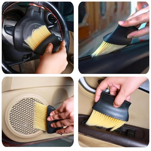Image of Kmils Premium Soft Fiber Car Duster Brush Set with Dashboard & Air Vent Cleaning Brush | Scratch-Free Car Interior & Exterior Dust Cleaner for Car (Pack of 2) (White Car Duster + Brush)