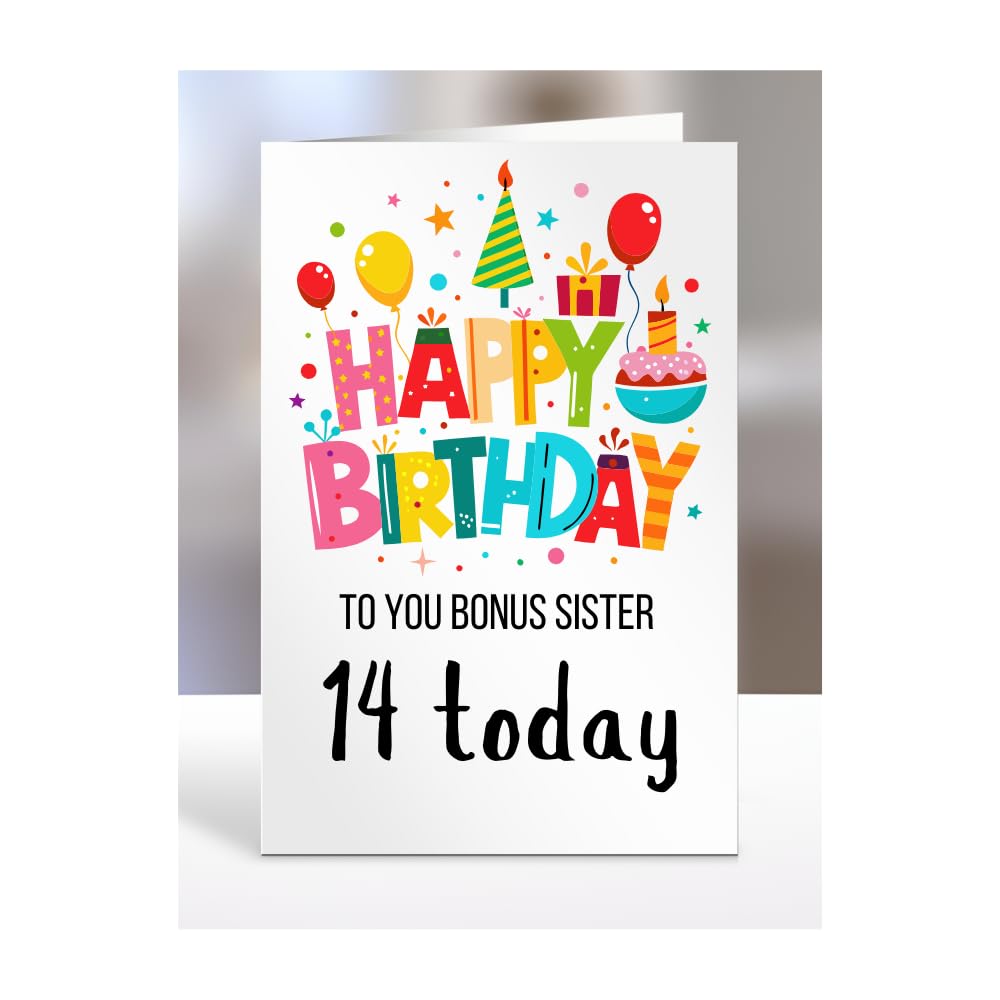 14th birthday card for Bonus Sister, gifts for girl, girls, boy, boys, gift, presents, female, male, him, her, Happy birthday to you, 14 years old today, A5-162n_7 โ image 1