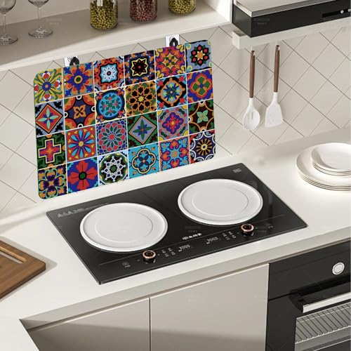Image of Mexican Tile Stove Top Cover, 20x28 in Cinco de Mayo Stove Covers for Electric Stove Mexica Home Decor Glass Stove Top Mat Heat Resist Gas Range Mat Party Stove Top Protector Kitchen Cooktop Pad