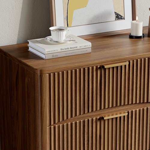 Image of Evermagin 54 inch Wide Fluted 6 Drawer Dresser, Mid Century Modern Curved Dresser, Light Wood Chest of Drawers for Bedroom, Living Room and Entryway, Walnut