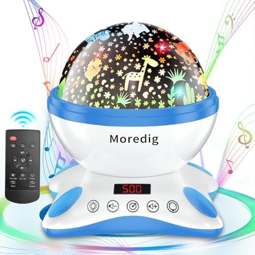 Moredig Kids Night Light Projector, Remote Baby Night Lights for Kids Room with 12 Music Nursery Night Light Projector for Kids Timer 2 Projections 18 Light Modes, Gifts for Baby Kids-Blue