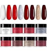 Aokitec Dip Powder Nail Kit, 8 Colors Nail Dip Powder Set Red Mani Powder Glitter Silver French P...