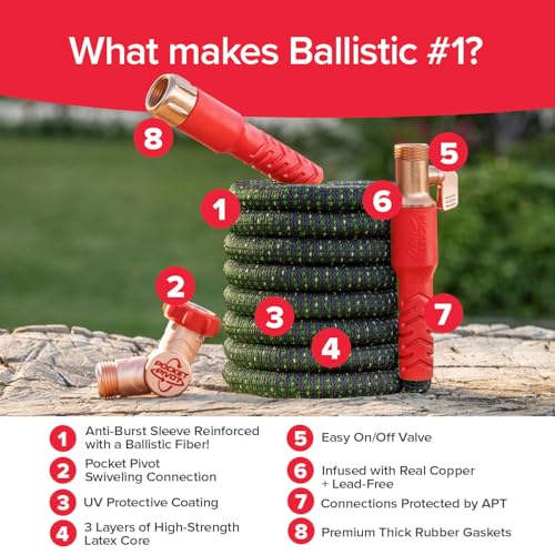 Image of Pocket Hose Ballistic Double UV Edition 50 FT Expandable Garden Hose w /Pocket Pivot Swivel Connector, Anti-Burst Sleeve Reinforced w /Bulletproof Fiber, Lightweight, No-Kink, Compact, AS SEEN ON TV