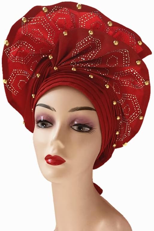 African Gold headtie auto asoebi gele Headwear African Turban Headwraps with Beads by MSB Fabric co.1871