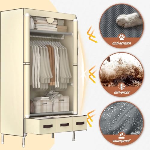 Armario de tela plegable beige con estructura metálica y cremalleras protectoras 3