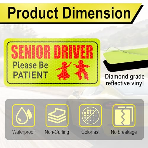 4 PCS Senior Driver Stickers, Senior Driver Car Magnet, Reflective Magnetic Safety Sign, Please Be Patient Seniors Drivers Magnet for Old People Gifts, Safe Decals for Cars Bumper, Car Accessories