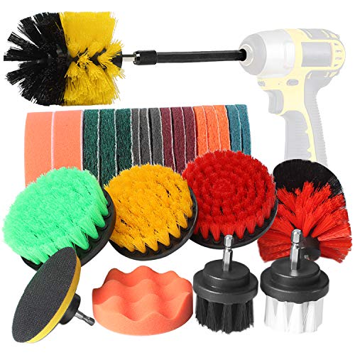 BYGD 26 Pieces Drill Brush Set Scrub Pads & Sponge, Drifferent Size Power Scrubber Brush with Extend Long Attachment All Purpose Clean for Car, Grout, Tiles, Sinks, Bathtub, Bathroom, Kitchen