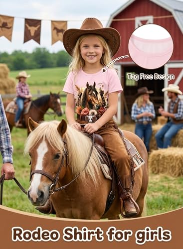 Image of Girls Western Horse T-Shirts - Cute Cowgirl Outfit Kids Short Sleeve Shirts Funny Tops Rodeo Toddler Summer Tee
