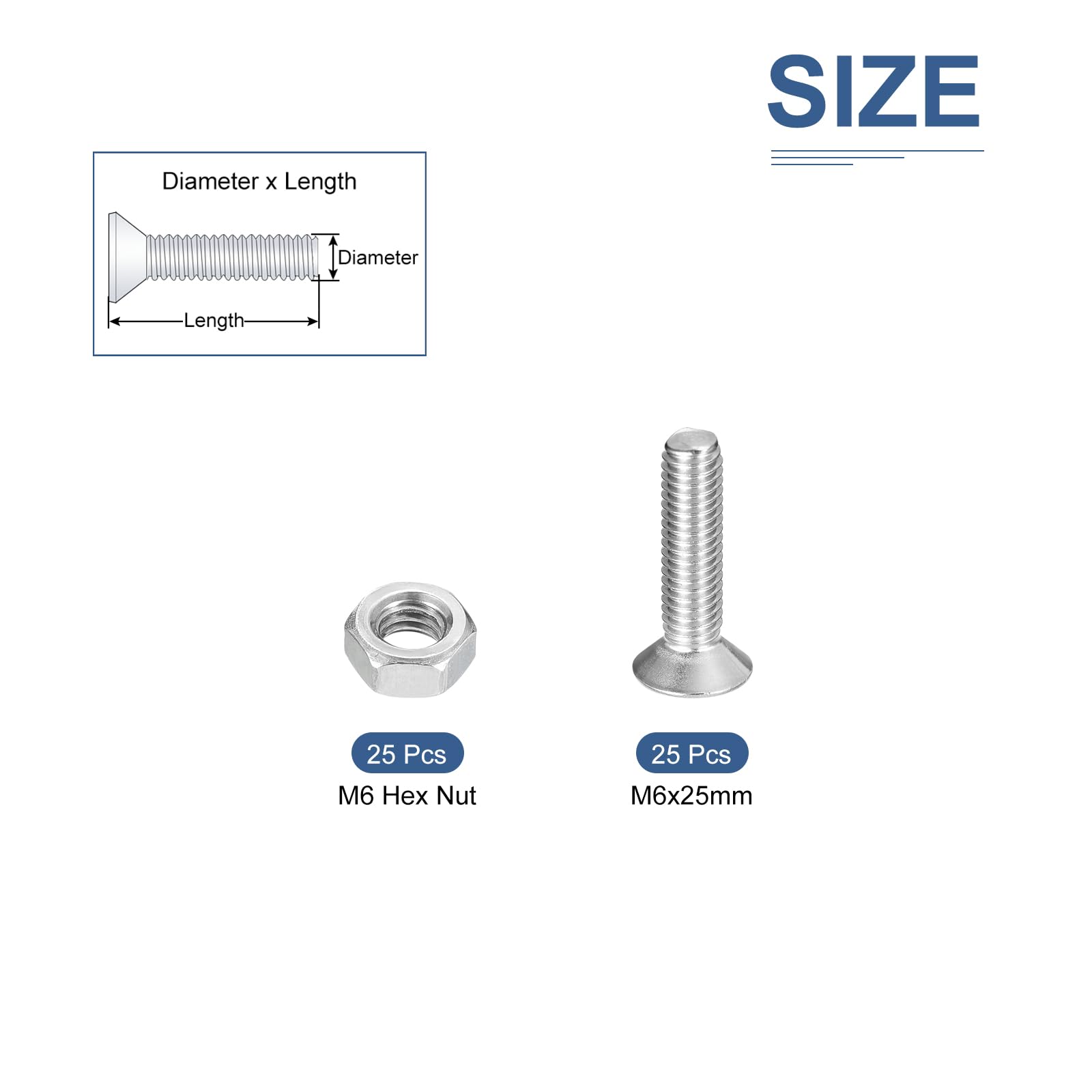 DTGN 50Pcs M6-1.0 x 25mm Flat Head Hex Socket Cap Screws Bolts Nuts Kit, 304 Stainless Steel Round Flat Metric Machine Screws - Image 2