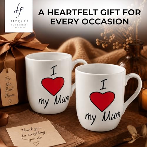 Image of Hitkari Potteries Mugs Set of 2 350ml | Coffee Cups & Mug for Women | Porcelain Coffee Mugs for Morning & Evening | Tea Mugs for Gift Birthday | Mug for Mom | I Love You Mum