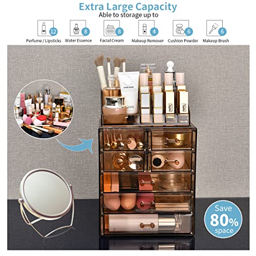 Comvtupy Clear Makeup Organizer With Brush Holder, Large Acrylic Cosmetic Display Jewelry & Make Up Organizers And Storage For Vanity, Bathroom (3 Large, 4 Small Drawers, Brown) #TOP3