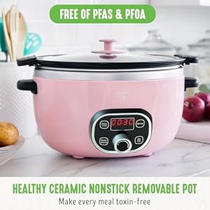 GreenLife 6 Quart Ceramic Slow Cooker, PFAS-Free, Programmable, Removable Healthy Nonstick Pot for Family Meals, Sear on Stovetop, Keep Warm, Digital Timer, Dishwasher Safe Glass Lid & Crock, Pink GreenLife 6 Quart Ceramic Slow Cooker PFAS Free Programmable Removable Healthy Nonstick Pot for Family Meals Sear on Stovetop Keep Warm Digital Timer Dishwasher Safe Glass Lid Crock Pink