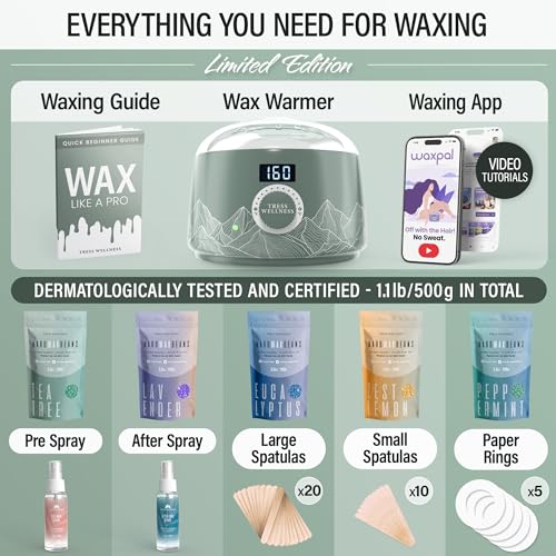 Image of Tress Wellness Award Winning Waxing Kit for Sensitive Skin - Safe for Face & Skin, Easy to Use - At-Home Kit for Face, Bikini, Brazilian & Full Body - Digital Display, Green Mountain