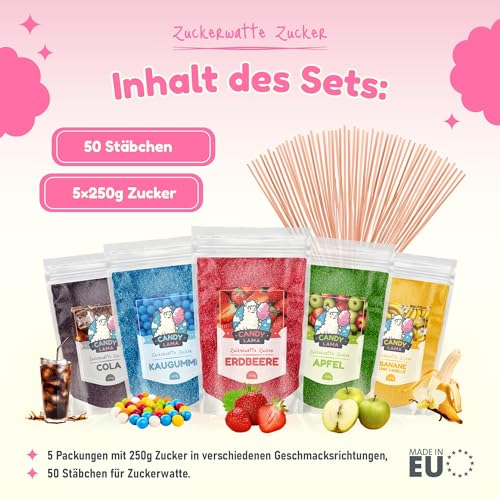 CANDY LAMA Zuckerwatte-Set, Partyset 5 x 250g: Cola, Kaugummi, Erdbeere, Apfel, Banane, Vanille, inkl. 50 Zuckerwattestäbe, 100% vegan, für Zuckerwattemaschine – Bild 3