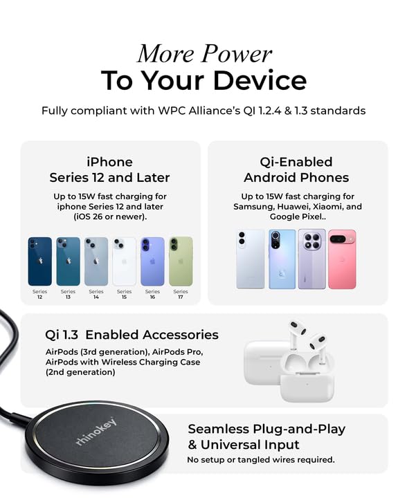 Image of Rhinokey 15W Wireless Charger Qi 1.2 Fast Wireless Charging Pads MagSafe | Magnetic Charger for card Tracker AirPods iPhone & Android Long Cable 100 cm Magnet Pad with Type C to A Cable Converter