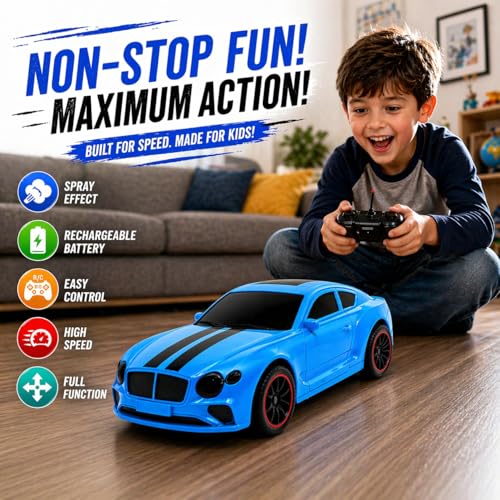 Image of The Flyers Bay Famous Millionaire Remote Control Car for Kids 4+ with Music, 3D Lights, Water Spray, Rechargeable Battery, 7 Function RC Toy Car with Type-C Charging (Blue)