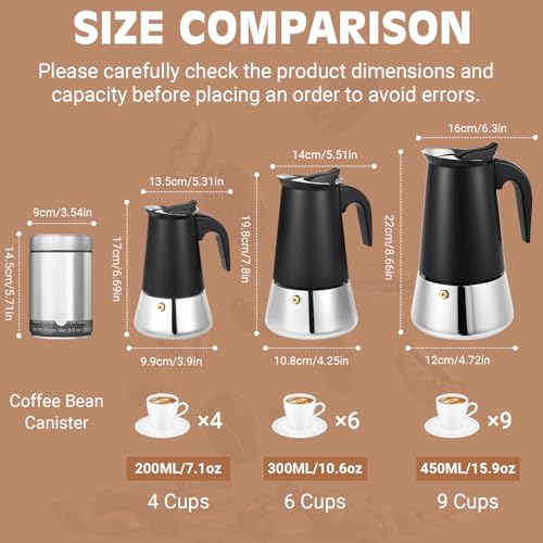 Image of 9 Cup Stainless Steel Moka Pot, 450ml Stovetop Espresso Maker, Black