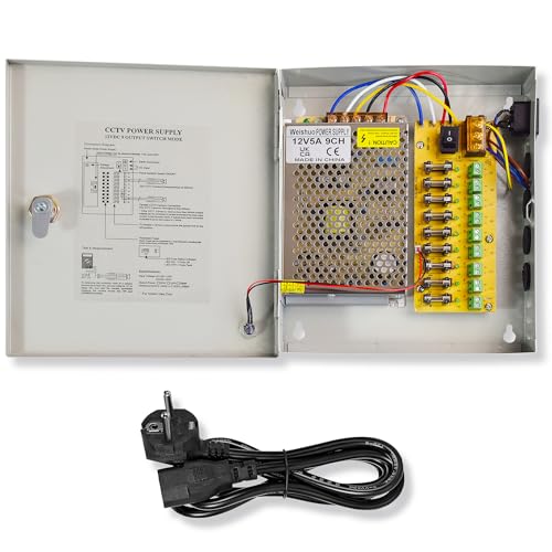 Weishuo Fuente Alimentacion CCTV 12V 5A 60W Salida de 9 Canales Caja de Alimentacion Distribuida Camara Seguridad con Enchufe de CA