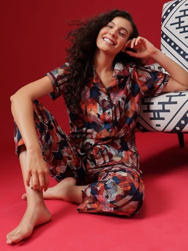 Image of Clovia Women's Cotton Printed Button Down Shirt & Pyjama Night Suit Set
