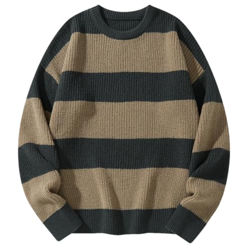Men Loose Bottoming Sweater Crew Neck Long Sleeves Casual Striped Pullover