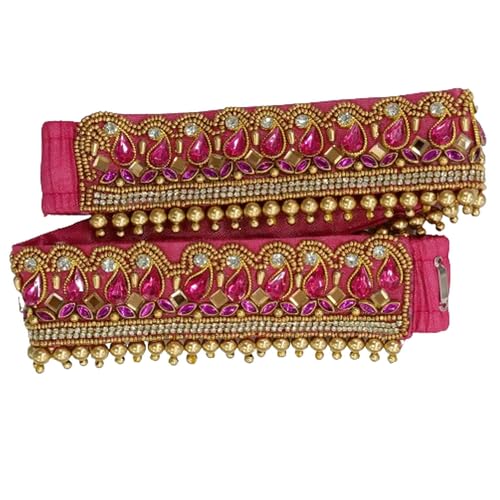 FASHIONS Adjustable Pink Crystal Stone Stretchable Embroidery Aari Maggam Work Cloth Kamarband Hip belt Body Jewellery waist beltl vadanam for Women