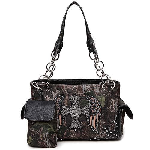 Camouflage Cross Wings Western Style Studded Handbag Tooled Leather Purse Country Women Shoulder Bag Pouch Wallet Set2