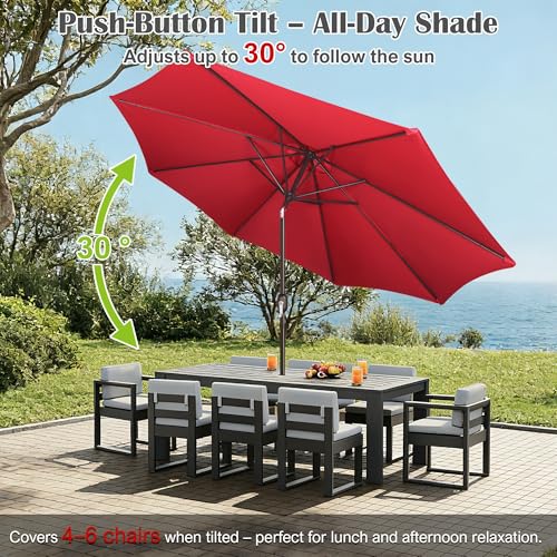 Image of Blissun 10FT Patio Umbrella, Outdoor Table Umbrella, Yard Umbrella, Market Umbrella with 8 Sturdy Ribs, Push Button Tilt and Crank, Red