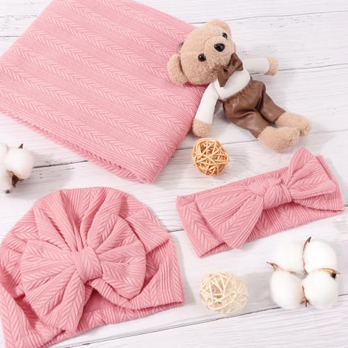 Image of DRESHOW BQUBO Newborn Receiving Blanket Toddler Warm for Girls with Bow Hat and Bow Headband Shower Gift