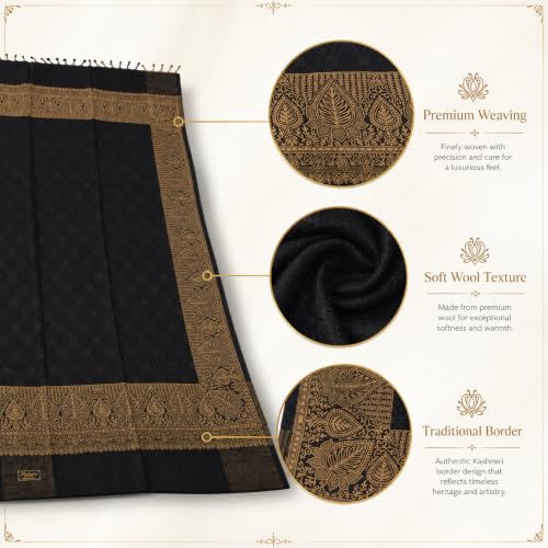 Image of Premium Pure Wool Kashmiri Stole for Men & Women | Soft Warm Winter Shawl | Traditional Woven Kashmiri Border | Unisex Designer Wrap | Black