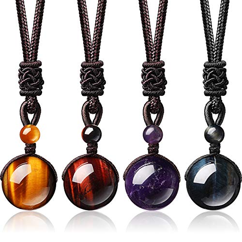 Hicarer 4 Pieces Natural Crystal Pendant Necklaces Crystal Lucky Blessing Chakra Crystal Beads Necklace 16 mm Black Obsidian Tiger Eyes Necklaces with Adjustable Braided Rope Cords